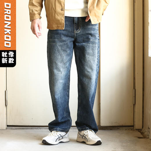 DRONKOO 2024 正常腰表袋红绿双杠刺绣微吊磨小直筒中厚牛仔长裤 商品图0
