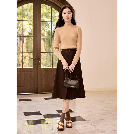 【年终特卖】熙世界深咖色毛呢半身裙秋冬2025新款通勤复古压褶中长西装裙子 商品图3