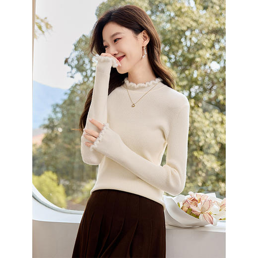 【年终特卖】熙世界杏色打底针织衫女秋冬2025新款仿水貂半高领长袖内搭毛衣 商品图2