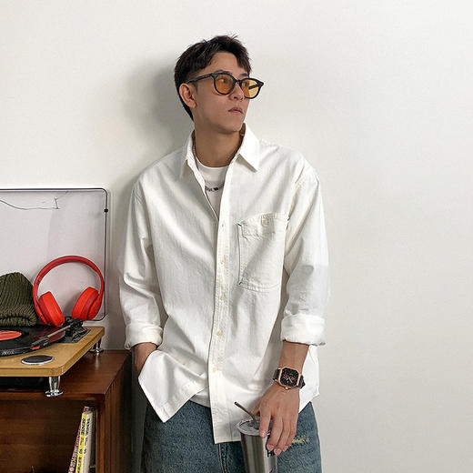 徐太浪日系男装口袋长袖衬衫男春秋2024新款大码休闲纯色衬衣外套 商品图1