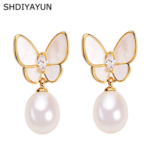 S925纯银针贝壳，蝴蝶天然淡水珍珠耳环LY-004 商品图4