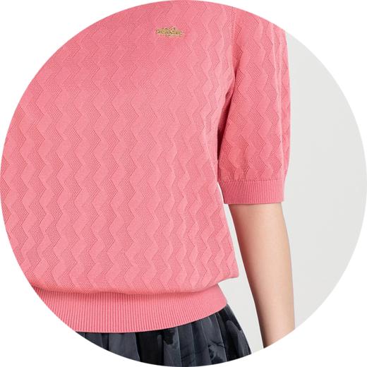 伯妮斯茵 | 温柔甜美风 粉色波浪纹圆领短袖针织衫 春夏气质百搭上衣 HJ3E01 商品图2