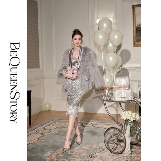 BeQueenStory【静奢晚宴】手工亮片织带拼接醋酸高级感翻领皮草外套 商品图4