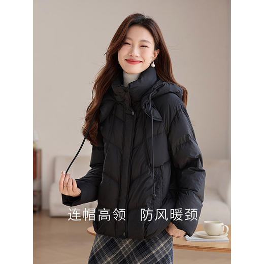 【年终特卖】熙世界冬季羽绒服短款2025新款黑色高领连帽90白鸭绒面包服外套 商品图2