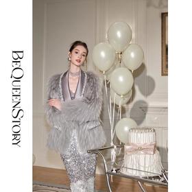 BeQueenStory【静奢晚宴】手工亮片织带拼接醋酸高级感翻领皮草外套