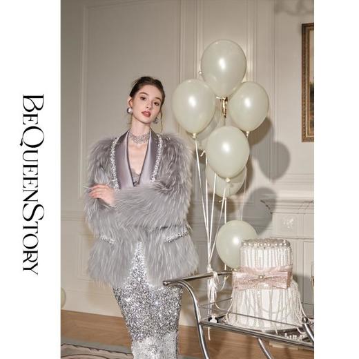 BeQueenStory【静奢晚宴】手工亮片织带拼接醋酸高级感翻领皮草外套 商品图0