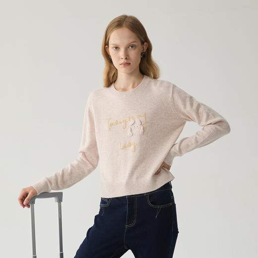 谜底圆领套头毛衣女2024冬新品简约百搭宽松短款针织衫244MZ1880 商品图0