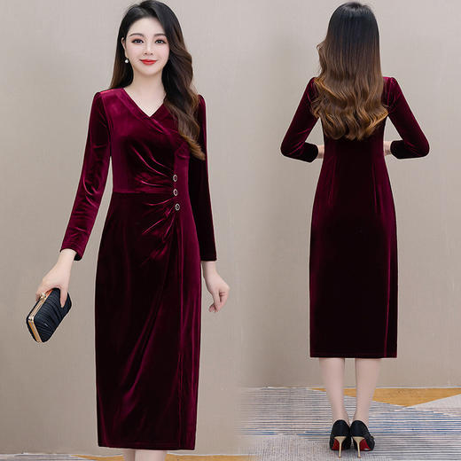 时尚气质褶皱收腰裙，中长款红色连衣裙QYM-LRX-DY1124X21-Y 商品图2