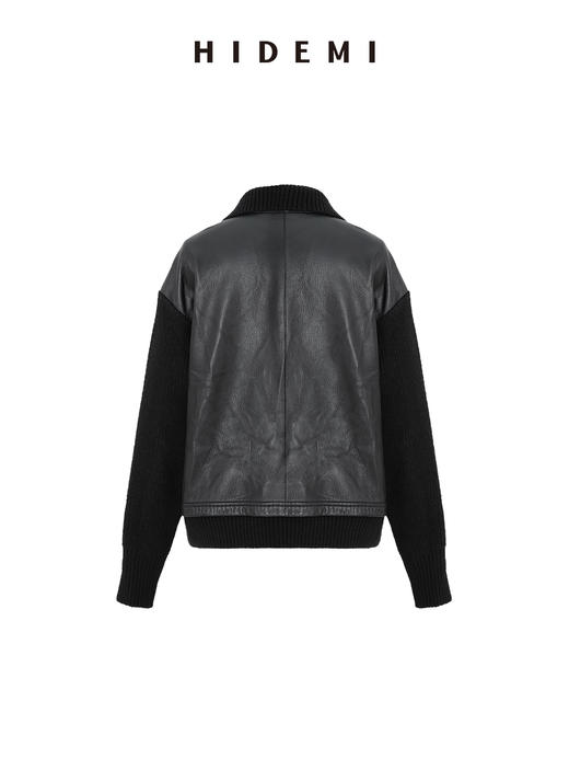 HIDEMI 进口肌理感山羊皮立领拉链拼接立体大口袋针织拼接飞行员外套短款大衣皮衣 商品图6