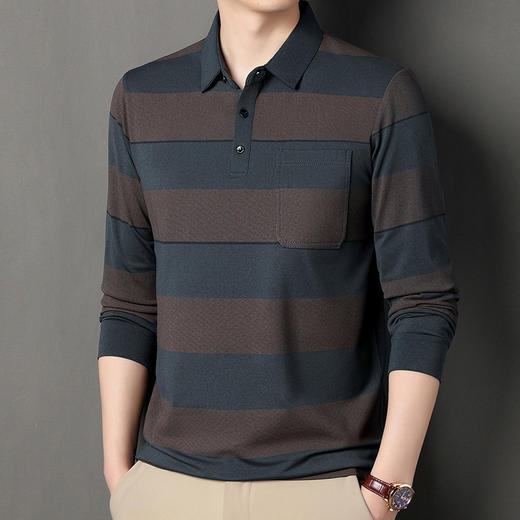 2024年春秋季新款男士t恤衫休闲翻领条纹长袖中年套头打底上衣男商务正装长袖上衣 商品图0