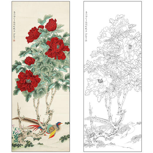 俞致贞花鸟工笔画白描底稿《牡丹锦鸡》临摹勾线高清打印稿ZZ16 商品图0