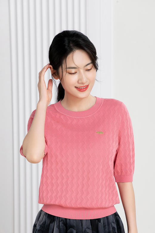 伯妮斯茵 | 温柔甜美风 粉色波浪纹圆领短袖针织衫 春夏气质百搭上衣 HJ3E01 商品图1