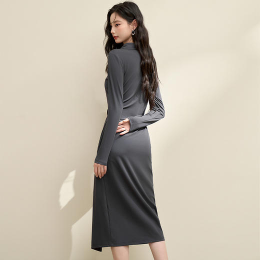 搭片设计POLO领长袖连衣裙女秋季聚褶修身弹力针织裙V3742447 商品图4