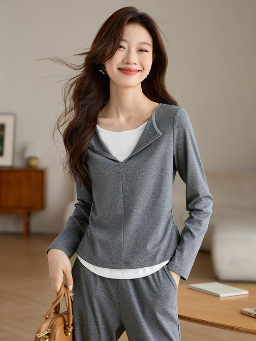 【专属特价】熙世界黑色假两件上衣休闲阔腿裤子两件套装2025秋装搭配一整套 商品图1