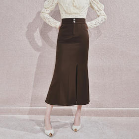 法式复古感深棕色鱼尾半裙2024秋冬半身裙