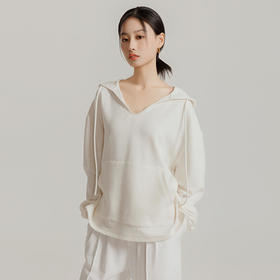 「藏肉显瘦 慵懒松弛 青春减龄」 大V领落肩休闲连帽卫衣-880009