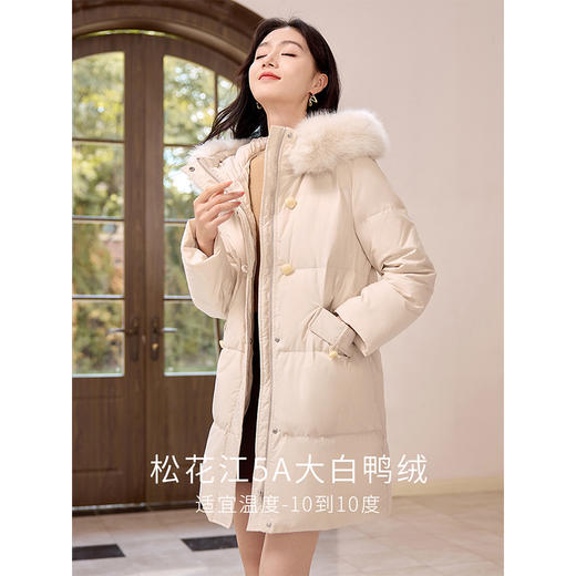 【年终特卖】熙世界羽绒服中长款毛领连帽2025冬季新款保暖防风白鸭绒厚外套 商品图1