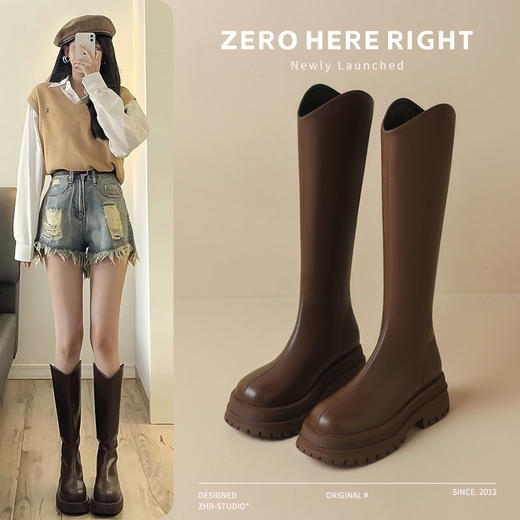 优选丨ZHR则则不过膝长筒靴女春季新款显瘦高筒靴V口长靴厚底骑士靴 商品图1