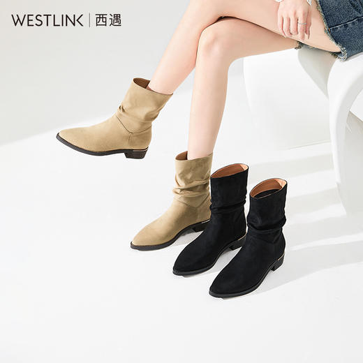 西遇绒面尖头短靴女新款秋冬复古西部靴黑色低跟堆堆靴瘦瘦靴D3947703 商品图0