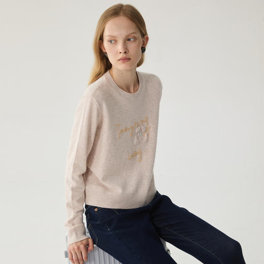 谜底圆领套头毛衣女2024冬新品简约百搭宽松短款针织衫244MZ1880 商品图1