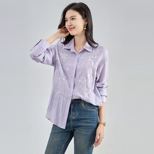 【高货wl】全新升级【铂金会员247/天猫329/差价82】(12043) 洛诗琳早秋原创压皱刺绣天丝衬衫女慵懒轻薄宽松长袖上衣 商品图0