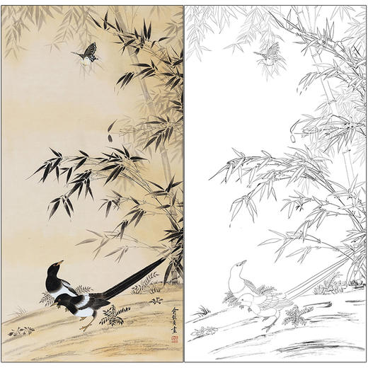 俞致贞花鸟工笔画白描底稿《欢天喜地》喜鹊竹子临摹勾线高清打印稿ZZ12 商品图0