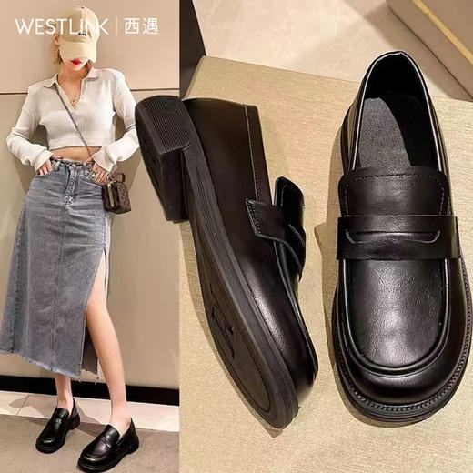 西遇通勤乐福鞋女新款早春瘦版舒适软皮黑色单鞋低跟小皮鞋P0047512 商品图4