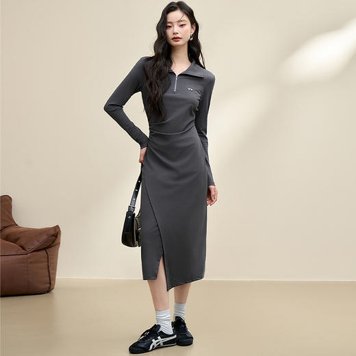搭片设计POLO领长袖连衣裙女秋季聚褶修身弹力针织裙V3742447 商品图1