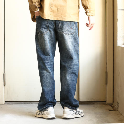 DRONKOO 2024 正常腰表袋红绿双杠刺绣微吊磨小直筒中厚牛仔长裤 商品图4