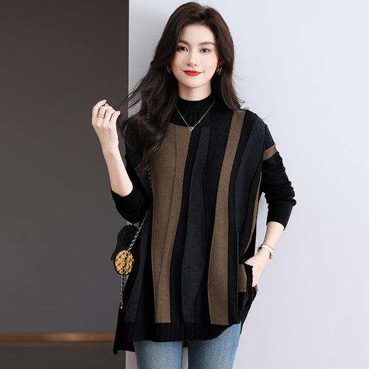 MH-280半高领中长款拼色大码毛衣女秋冬新款时尚长袖前短后长羊毛针织衫 商品图2