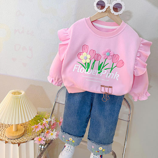 【花朵元素，简约休闲，潮流不凡！】新款秋季百搭洋气休闲套装 简约女童宝宝潮流两件套 时尚花朵套装 卫衣牛仔裤两件套-QQ 商品图1