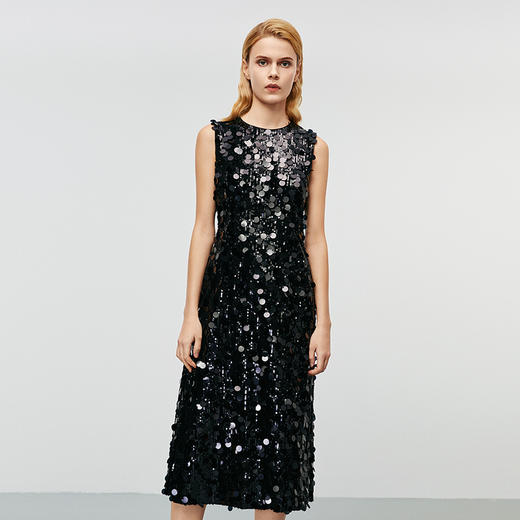 EITIE爱特爱冬季新款奢华感黑色亮片收腰圆领礼服连衣裙8077702 商品图3