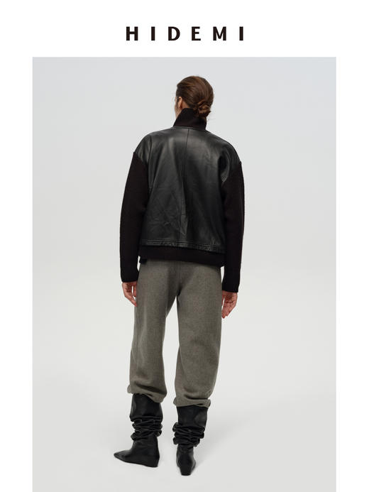 HIDEMI 进口肌理感山羊皮立领拉链拼接立体大口袋针织拼接飞行员外套短款大衣皮衣 商品图4