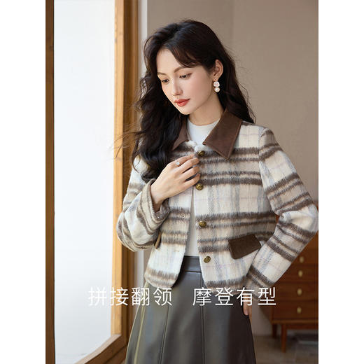 【年终特卖】熙世界复古小香风格纹毛呢外套短款小个子秋冬呢子撞色翻领上衣 商品图2