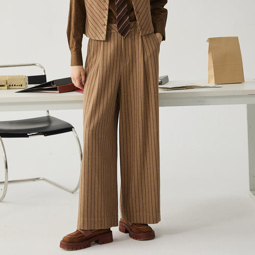 谜底条纹阔腿裤女2024冬季新品通勤风时尚羊毛混纺长裤244MK1455 商品图0