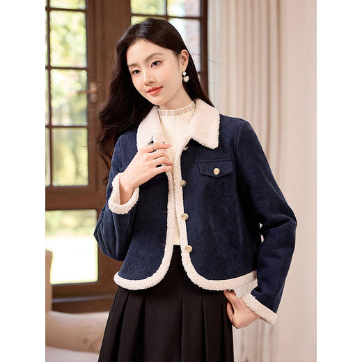 【年货节】熙世界2025冬季新款小香风灯芯绒仿羊羔毛外套加厚短款翻领上衣 商品图1