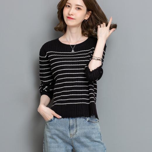 CC-tbrk-c110条纹针织衫短款上衣女秋季2024新款圆领打底衫薄款内搭毛衣女秋冬 商品图2