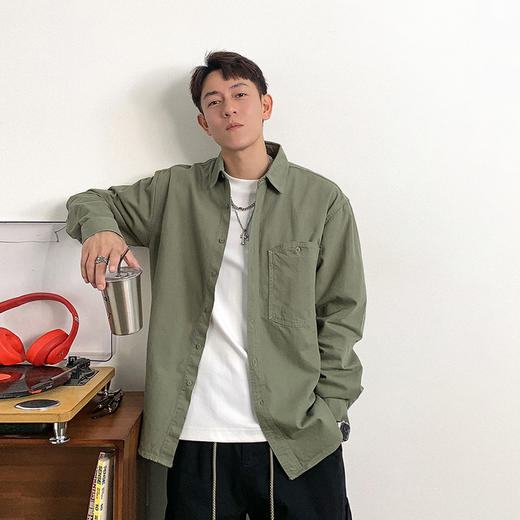 徐太浪日系男装口袋长袖衬衫男春秋2024新款大码休闲纯色衬衣外套 商品图0