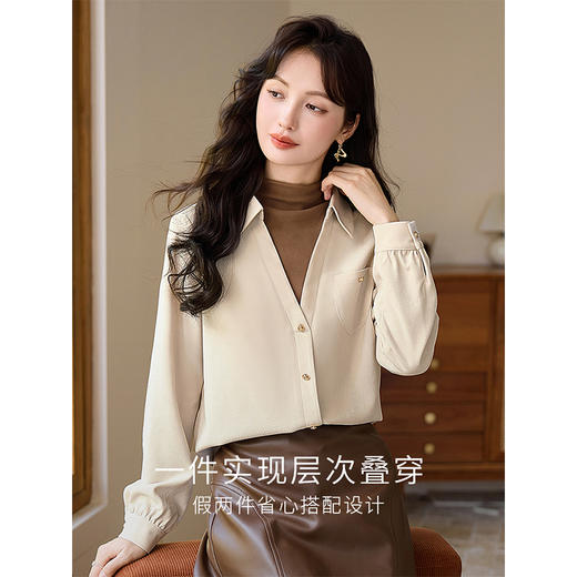 【年终特卖】熙世界叠穿假两件半高领拼接衬衣秋冬新款小众设计长袖衬衫上衣 商品图1