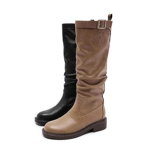 西遇长筒靴女堆堆靴新款秋冬单靴复古显瘦奶茶色圆头厚底长靴V3947745 商品图4