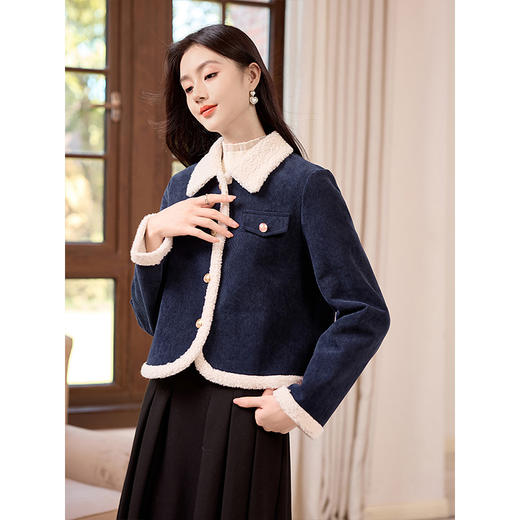 【年货节】熙世界2025冬季新款小香风灯芯绒仿羊羔毛外套加厚短款翻领上衣 商品图2