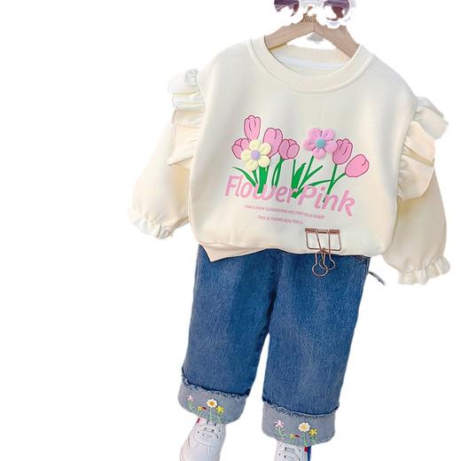 【花朵元素，简约休闲，潮流不凡！】新款秋季百搭洋气休闲套装 简约女童宝宝潮流两件套 时尚花朵套装 卫衣牛仔裤两件套-QQ 商品图4