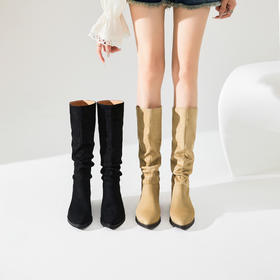 西遇尖头绒面长靴女新款秋冬显瘦粗跟西部牛仔堆堆靴长筒靴子D3947704