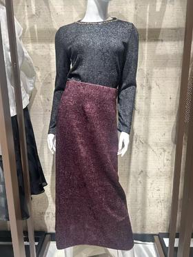 HJ3B56_魏紫色_半裙_秋冬_高腰直筒包臀中长款亮丝提花修身_高级女装_BERNIEELEN 伯妮斯茵