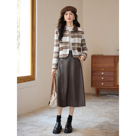 【年终特卖】熙世界复古小香风格纹毛呢外套短款小个子秋冬呢子撞色翻领上衣 商品图4