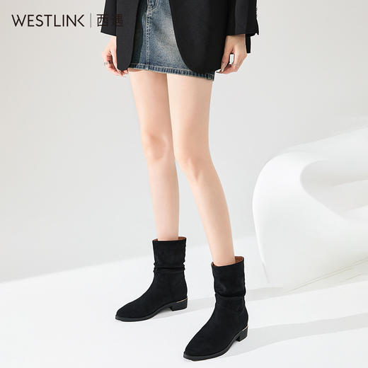 西遇绒面尖头短靴女新款秋冬复古西部靴黑色低跟堆堆靴瘦瘦靴D3947703 商品图3