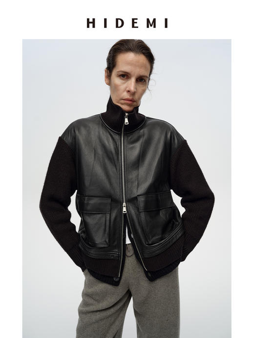 HIDEMI 进口肌理感山羊皮立领拉链拼接立体大口袋针织拼接飞行员外套短款大衣皮衣 商品图2