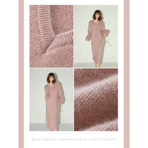 COCOBELLA治愈系闪光纱粉色针织长裙气质温柔V领连衣裙MZ3011 商品图3