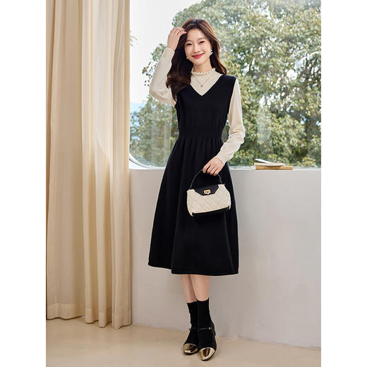 【专属特价】熙世界法式撞色花边领拼接打底假两件针织连衣裙女2025秋冬新款 商品图4