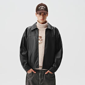 714street美式复古黑色皮衣外套男女同款2024秋新款短款宽松夹克